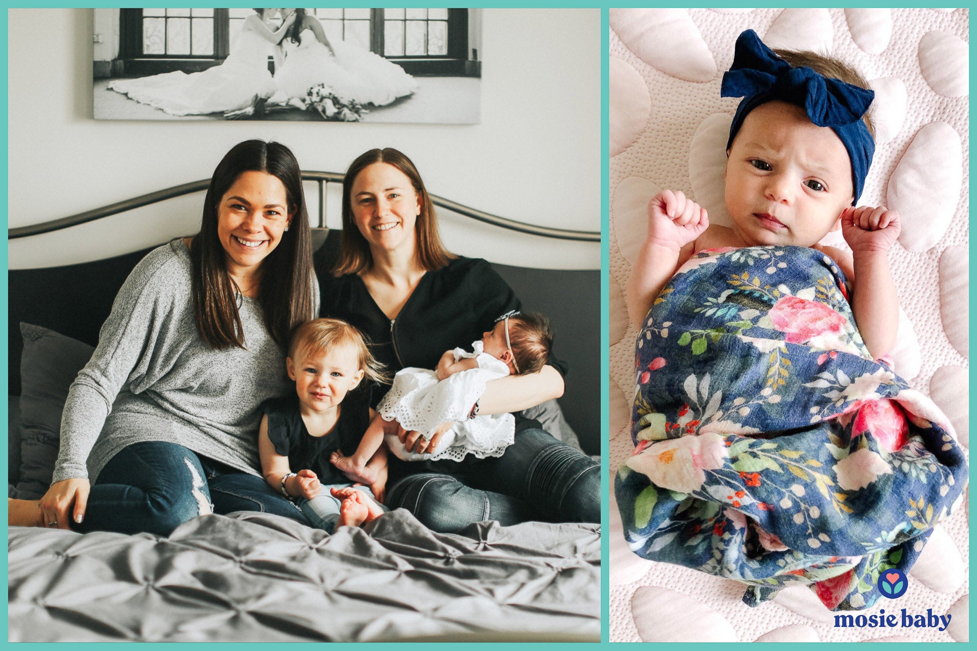A newborn mosie baby with her family - two moms and a sister