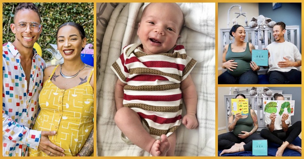 collage of a pregnant couple and their mosie baby
